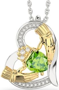 Diamond Peridot White Yellow Gold Claddagh Heart Necklace