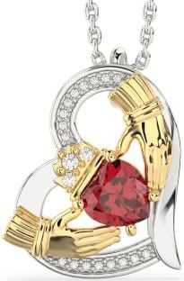 Diamond Ruby White Yellow Gold Claddagh Heart Necklace