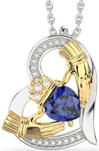 Diamond Sapphire White Yellow Gold Claddagh Heart Necklace