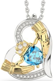 Diamond Topaz White Yellow Gold Claddagh Heart Necklace