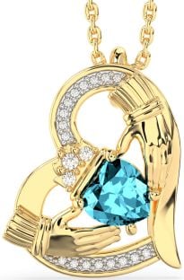 Diamond Aquamarine Gold Claddagh Heart Necklace