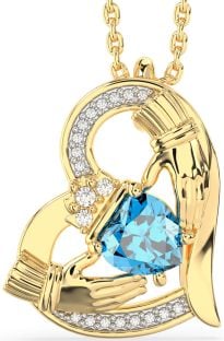 Diamond Topaz Gold Claddagh Heart Necklace