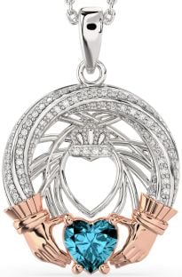 Diamond Aquamarine Rose Gold Silver Claddagh Necklace