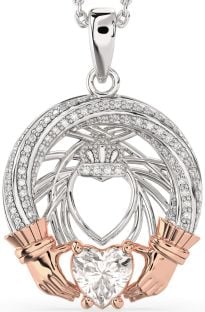 Diamond Rose Gold Silver Claddagh Necklace