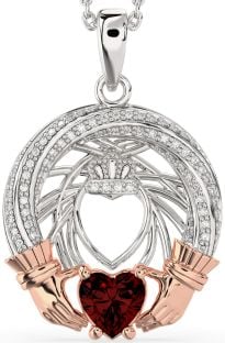 Diamond Garnet Rose Gold Silver Claddagh Necklace