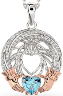 Diamond Topaz Rose Gold Silver Claddagh Necklace