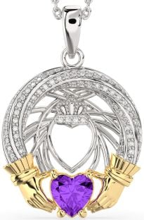 Diamond Amethyst Gold Silver Claddagh Necklace