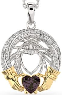 Diamond Alexandrite Gold Silver Claddagh Necklace