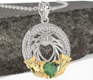 Diamond Emerald Gold Silver Claddagh Necklace