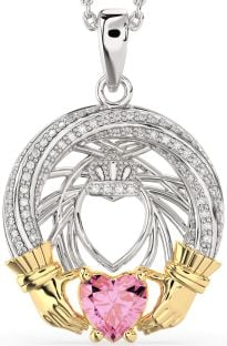 Diamond Pink Tourmaline Gold Silver Claddagh Necklace