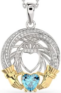 Diamond Topaz Gold Silver Claddagh Necklace