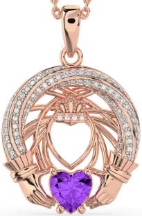 Diamond Amethyst Rose Gold Silver Claddagh Necklace