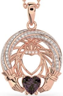 Diamond Alexandrite Rose Gold Silver Claddagh Necklace