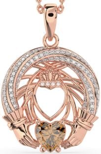 Diamond Citrine Rose Gold Silver Claddagh Necklace