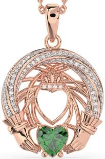 Diamond Emerald Rose Gold Silver Claddagh Necklace