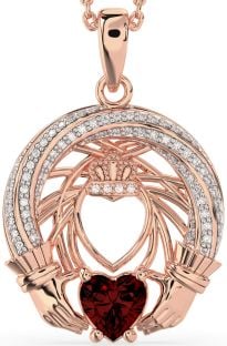 Diamond Garnet Rose Gold Silver Claddagh Necklace