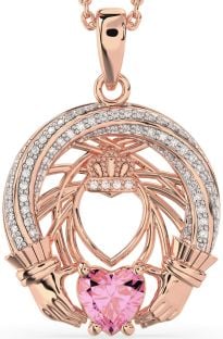 Diamond Pink Tourmaline Rose Gold Silver Claddagh Necklace