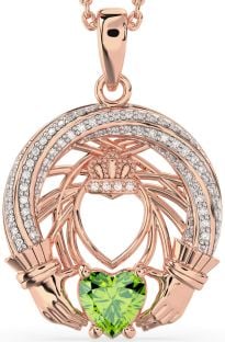 Diamond Peridot Rose Gold Silver Claddagh Necklace