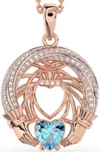 Diamond Topaz Rose Gold Silver Claddagh Necklace