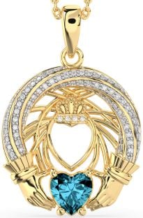 Diamond Aquamarine Gold Silver Claddagh Necklace