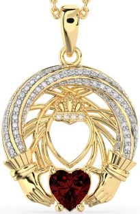 Diamond Garnet Gold Silver Claddagh Necklace