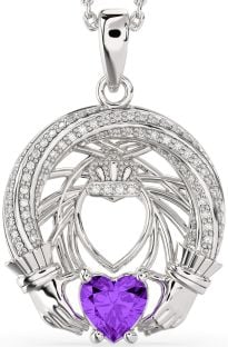 Diamond Amethyst Silver Claddagh Necklace