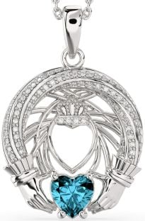 Diamond Aquamarine Silver Claddagh Necklace