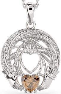 Diamond Citrine Silver Claddagh Necklace