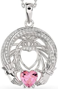 Diamond Pink Tourmaline Silver Claddagh Necklace