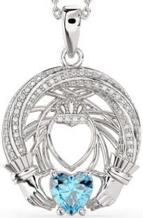 Diamond Topaz Silver Claddagh Necklace