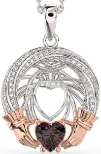 Diamond Alexandrite Rose Gold Silver Claddagh Necklace