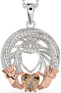 Diamond Citrine Rose Gold Silver Claddagh Necklace