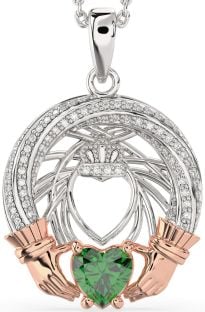 Diamond Emerald Rose Gold Silver Claddagh Necklace