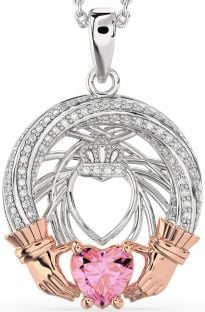 Diamond Pink Tourmaline Rose Gold Silver Claddagh Necklace