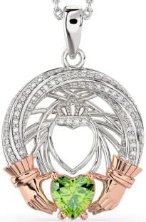 Diamond Peridot Rose Gold Silver Claddagh Necklace