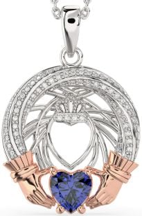 Diamond Sapphire Rose Gold Silver Claddagh Necklace