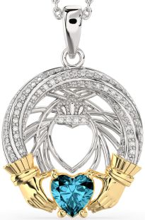 Diamond Aquamarine Gold Silver Claddagh Necklace