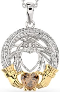 Diamond Citrine Gold Silver Claddagh Necklace