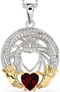 Diamond Garnet Gold Silver Claddagh Necklace