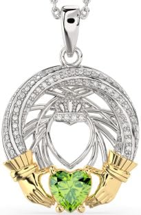 Diamond Peridot Gold Silver Claddagh Necklace