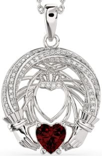 Diamond Garnet White Gold Claddagh Necklace