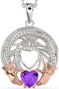 Diamond Amethyst White Rose Gold Claddagh Necklace