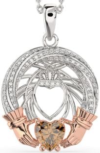 Diamond Citrine White Rose Gold Claddagh Necklace