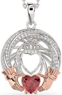 Diamond Ruby White Rose Gold Claddagh Necklace