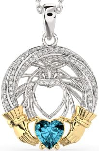 Diamond Aquamarine White Yellow Gold Claddagh Necklace