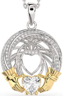 Diamond White Yellow Gold Claddagh Necklace