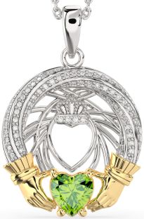 Diamond Peridot White Yellow Gold Claddagh Necklace