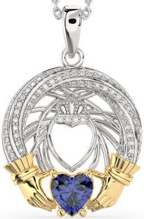 Diamond Sapphire White Yellow Gold Claddagh Necklace