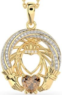 Diamond Citrine Gold Claddagh Necklace