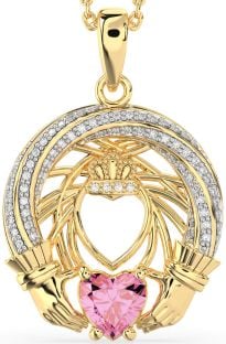 Diamond Pink Tourmaline Gold Claddagh Necklace